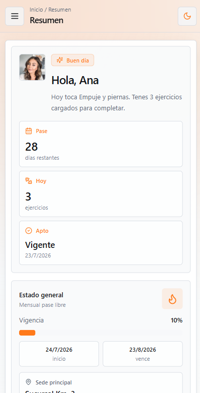Resumen del socio en GYMNODO: entrenamiento del día y vigencia del pase, visto desde el celular